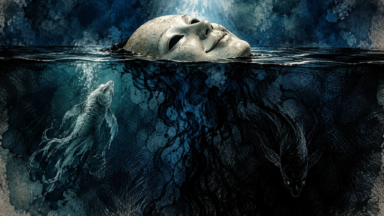 A pale smiling mask floats on dark water with shadowy tendrils descending between two fish swimming beneath.