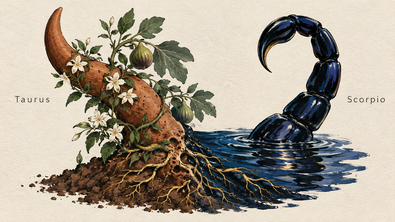 Illustration of a plant-wrapped bull horn rooted in soil opposite a glossy black scorpion tail emerging from dark water.