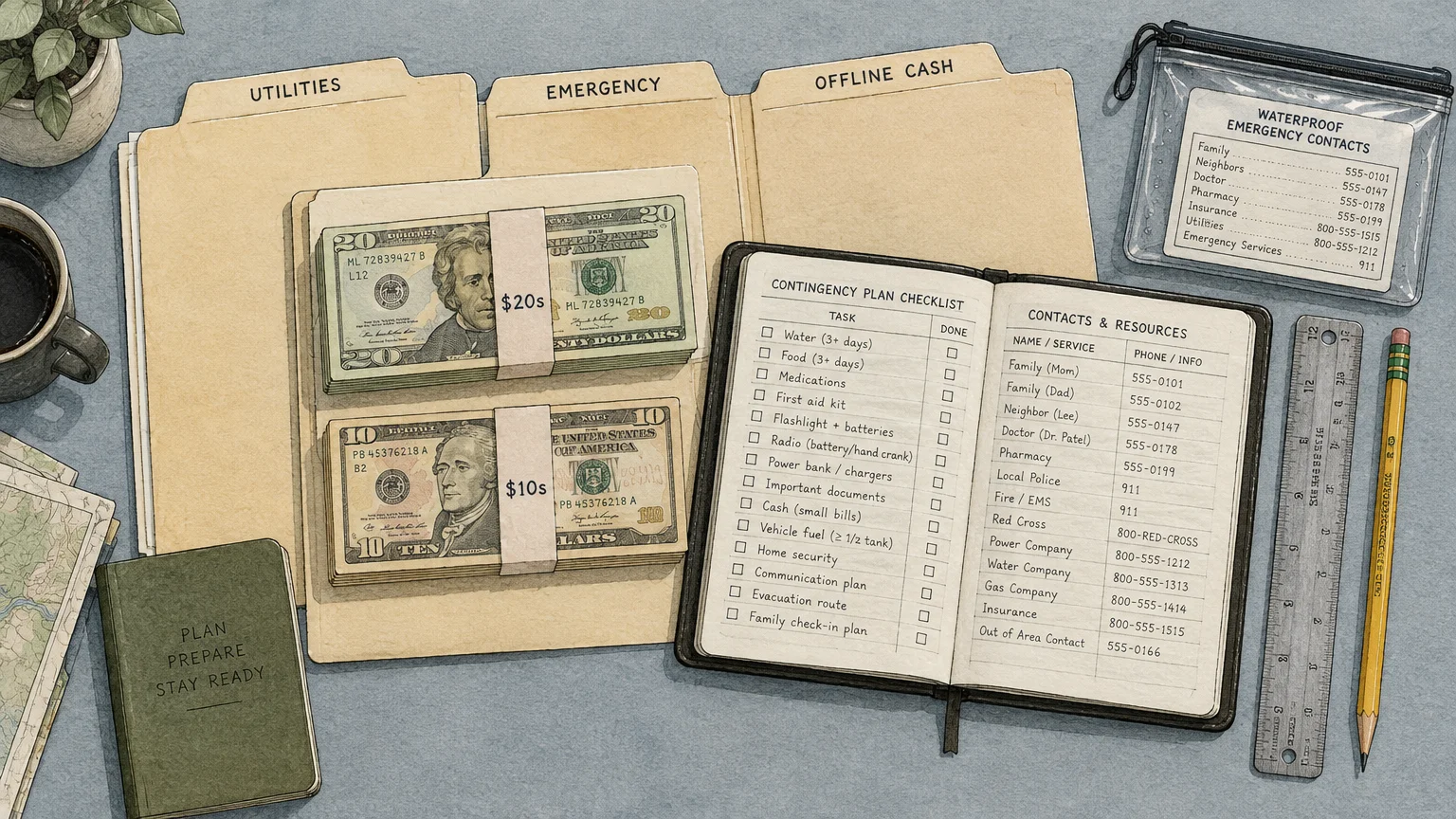 Desk flat lay with organized cash folders, stacked bills, a contingency checklist notebook, and emergency contact list.