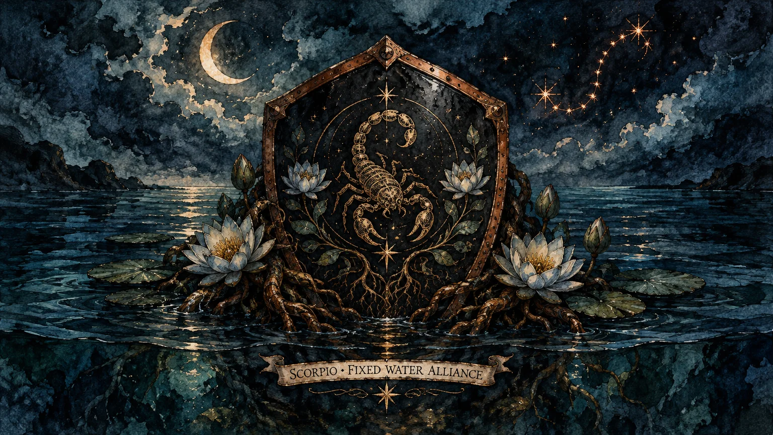 Ornate shield with a golden scorpion illustration surrounded by water lilies in a dark sea beneath a crescent moon.