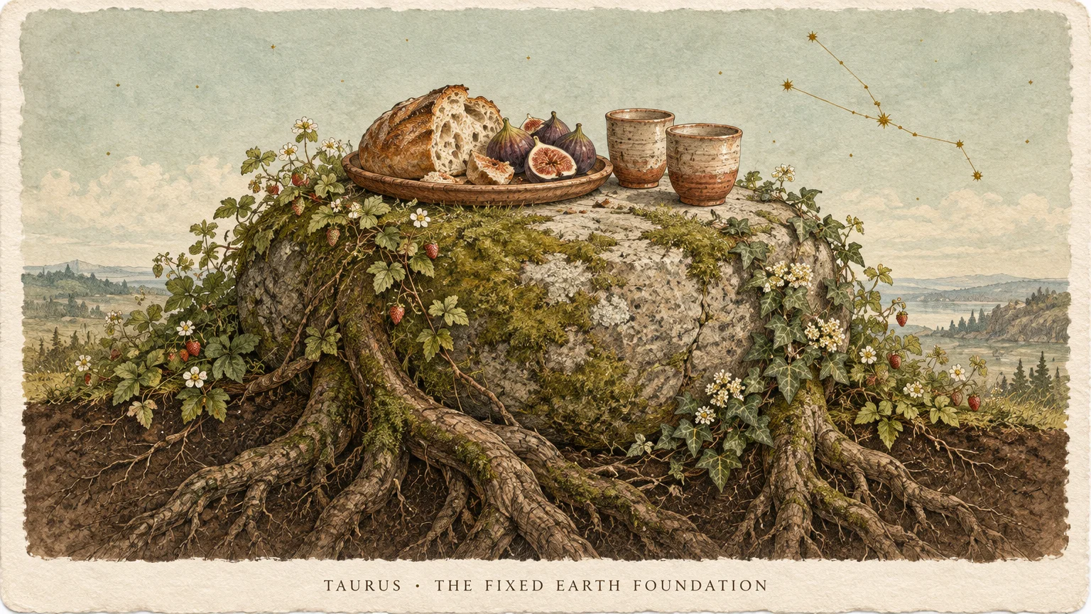 Bread, figs, and cups rest on a mossy boulder anchored by deep roots, with a Taurus constellation in the sky.