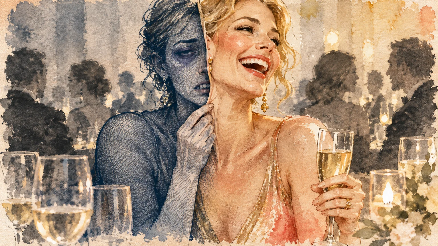 A smiling woman in an evening gown peeling back a mask of her face to reveal an exhausted, drawn woman beneath.