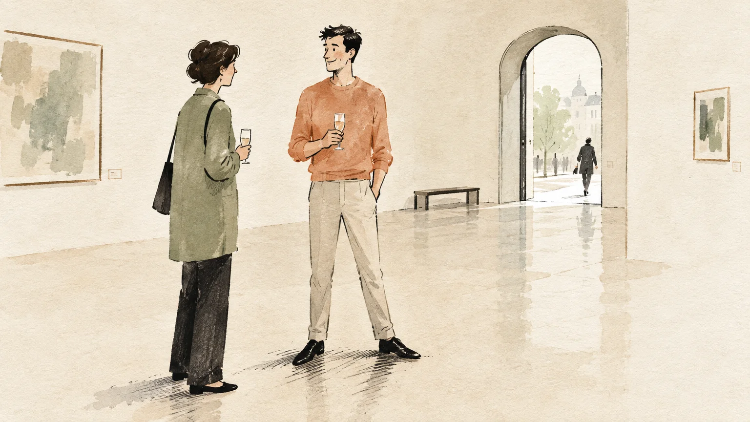 Watercolor illustration of a man and woman holding champagne flutes talking in an art gallery by an arched exit.