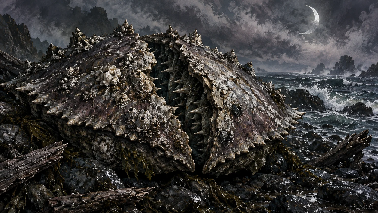 Massive cracked crab carapace encrusted with barnacles resting on a rocky seashore beneath a crescent moon and stormy sky.