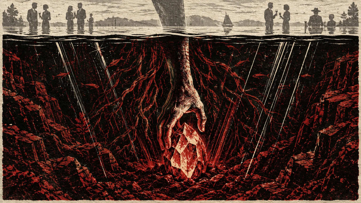 Linocut illustration of people standing above water while a large hand beneath the surface reaches for a red crystal.