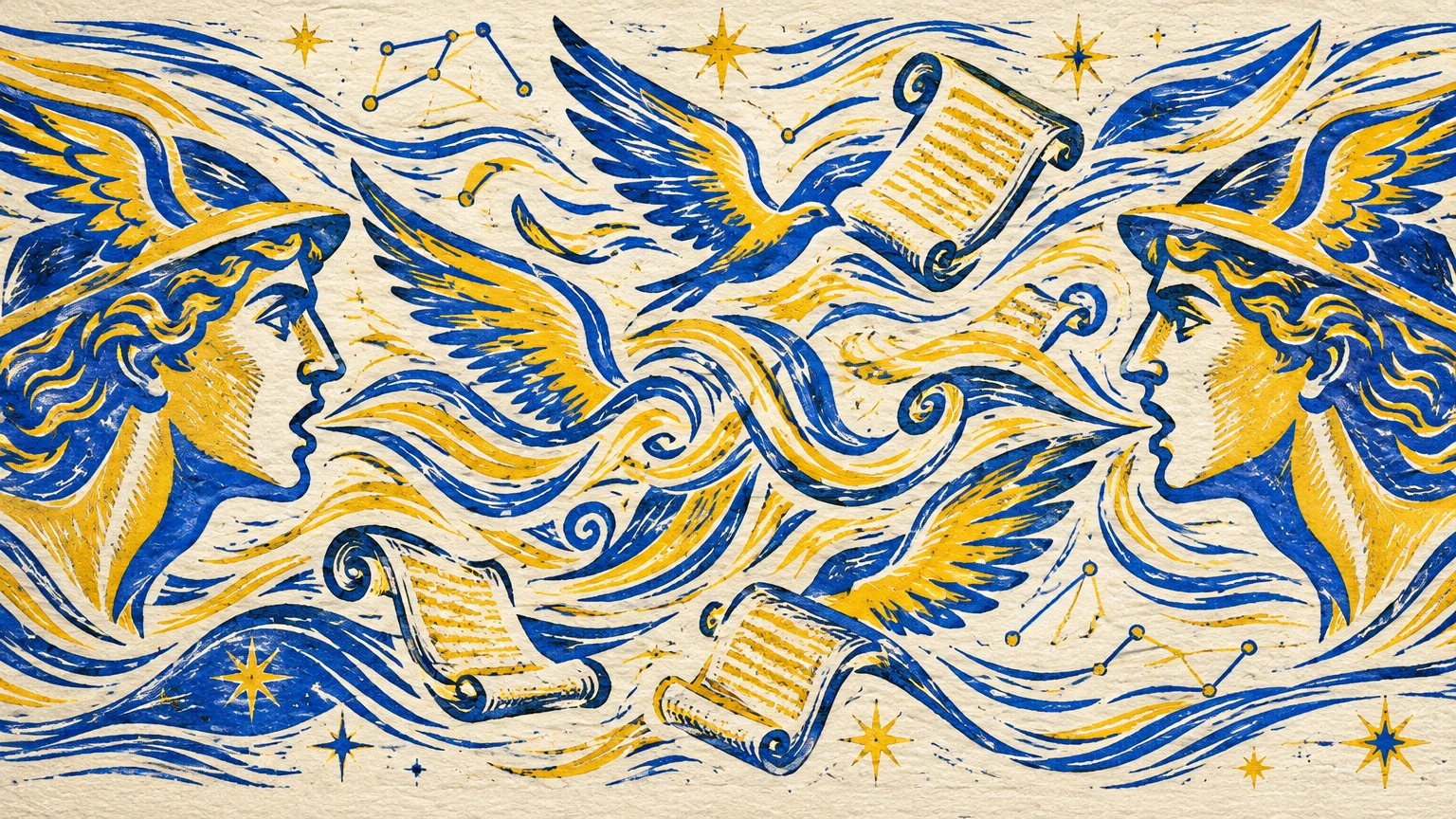 Linocut print in blue and yellow showing two profile faces in winged helmets exchanging swirls of wind, scrolls, and birds.