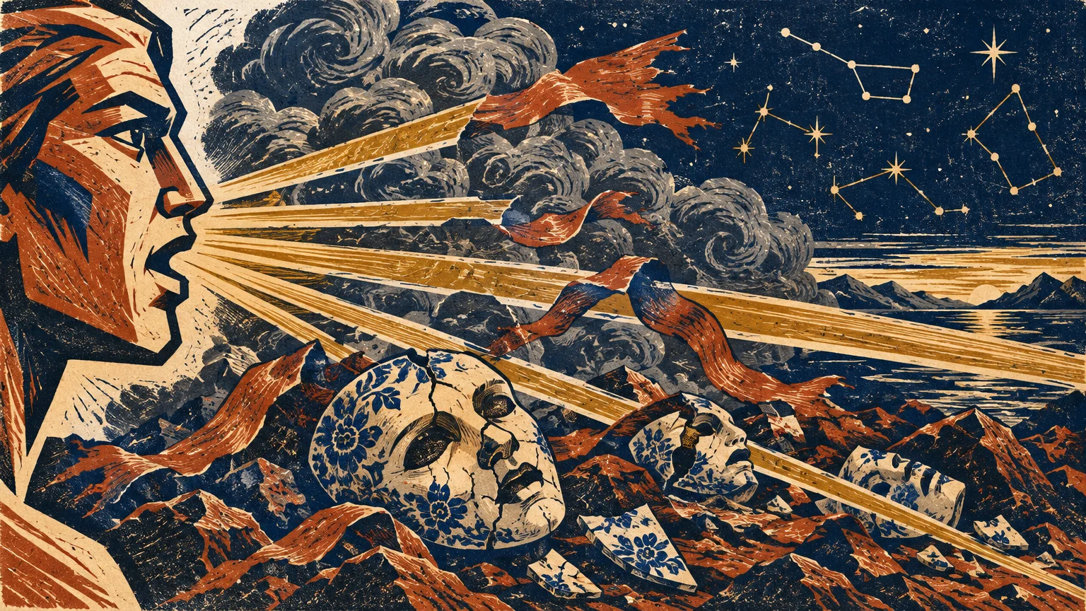 Woodcut illustration of a face shouting beams of light over shattered porcelain masks and a starry night sky.