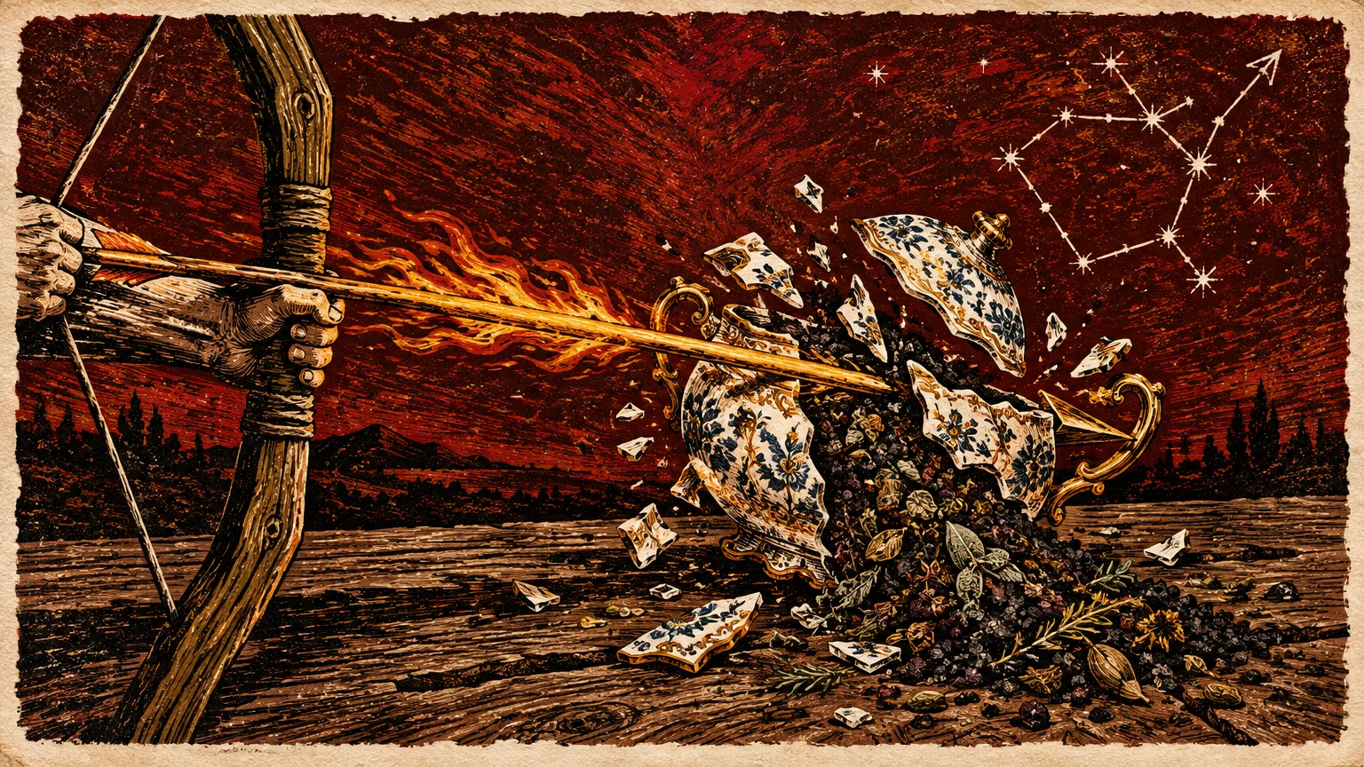 Linocut illustration of a fiery arrow shattering an ornate porcelain bowl under a night sky with a constellation.