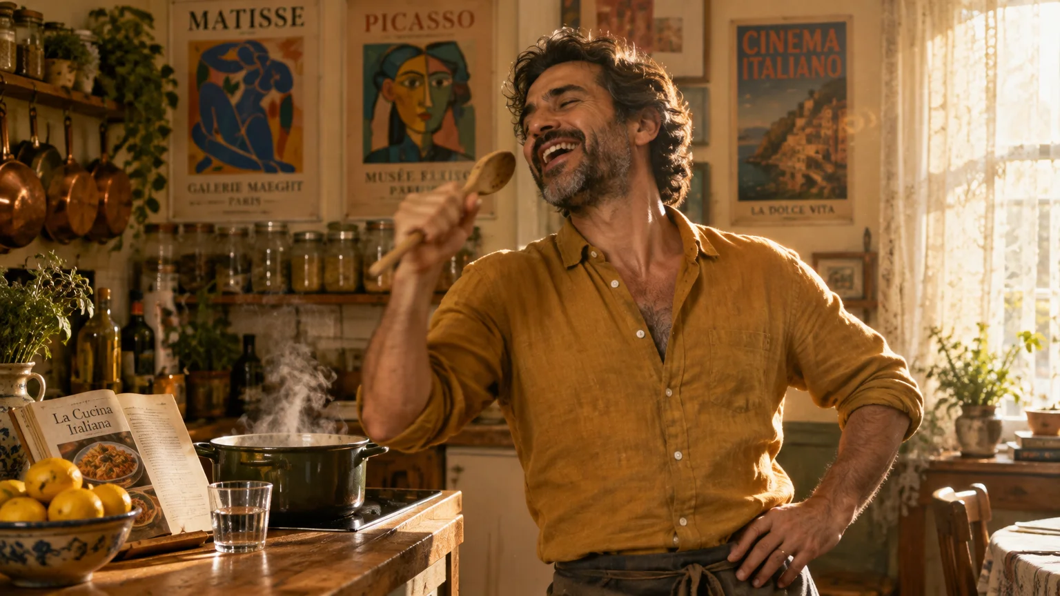 Smiling man in a yellow shirt singing into a wooden spoon while cooking in a rustic, sunlit kitchen.