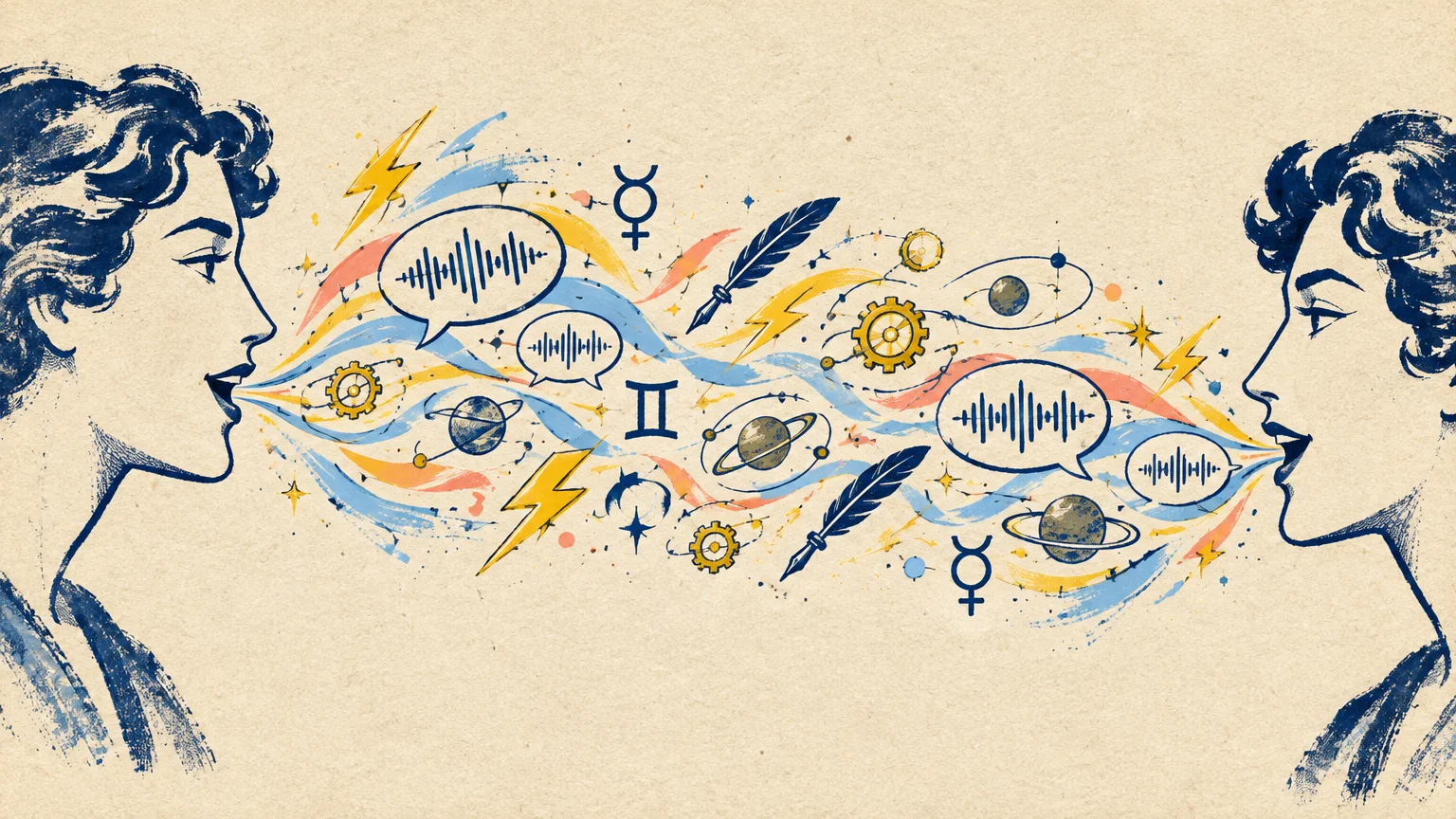 Two vintage-style profile heads facing each other, exchanging speech bubbles with sound waves, planets, and Gemini symbols.