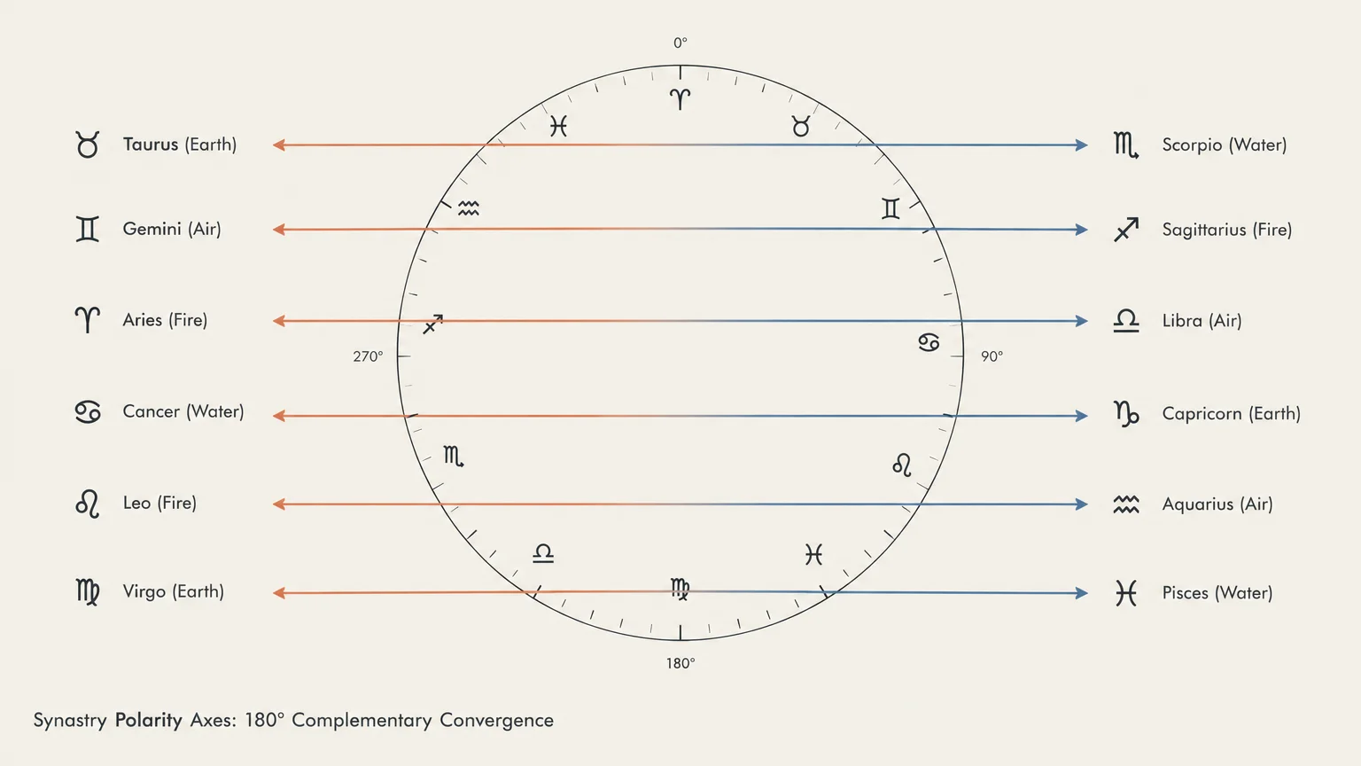 Astrological chart mapping six opposing zodiac polarity axes across a 360-degree wheel with elemental pairings.