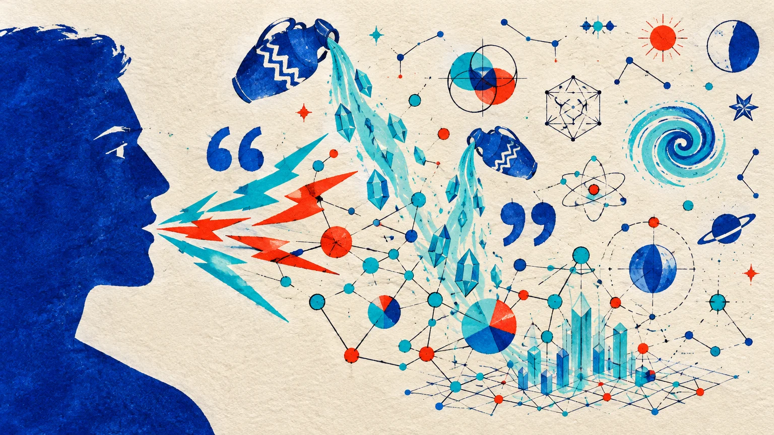 Illustration of a blue silhouette speaking lightning bolts alongside Aquarius water jugs, diagrams, and celestial symbols.