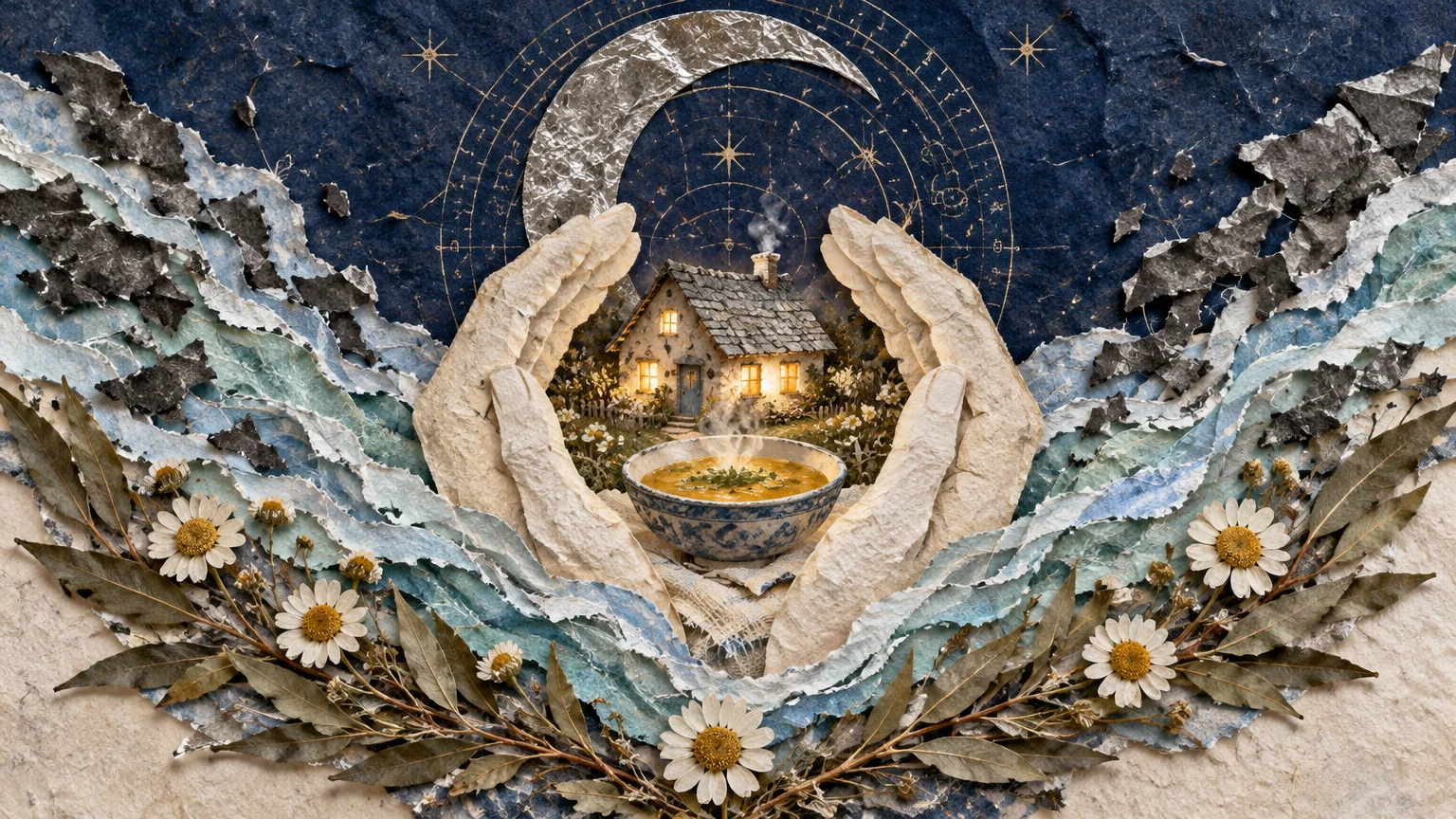 Paper collage of cupped hands shielding a cottage and soup bowl beneath a foil crescent moon and torn paper waves.