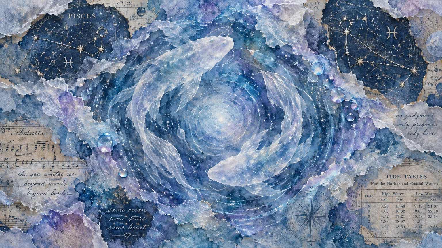 Blue watercolor collage of two translucent fish circling a vortex, flanked by star charts, music notes, and tide tables.