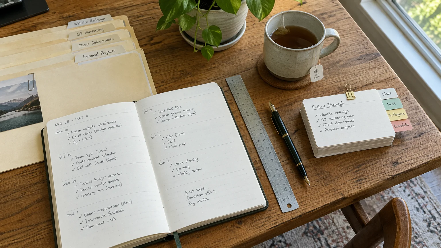 Wooden desk with an open planner, index cards labeled follow through, file folders, a ruler, fountain pen, and tea mug.