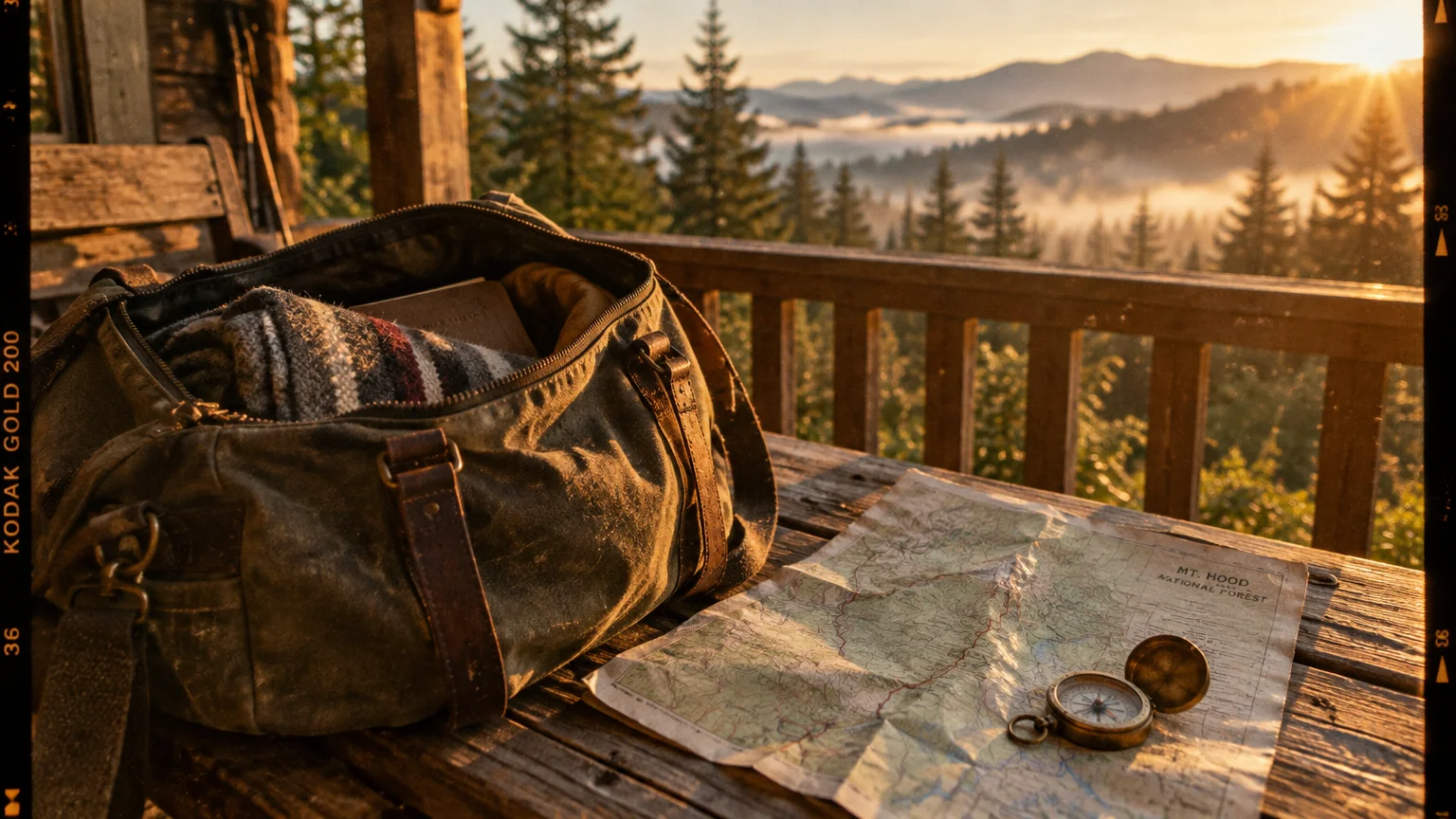 A canvas duffle bag, paper map, and brass compass rest on a wooden cabin railing overlooking misty mountain forests at sunrise.