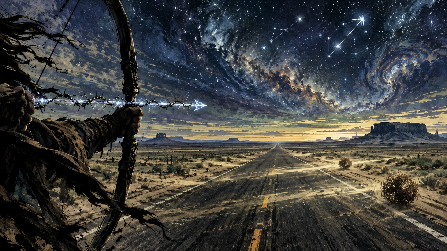 Ink and gouache painting of an archer aiming an arrow down a desert highway beneath a swirling, starry night sky.