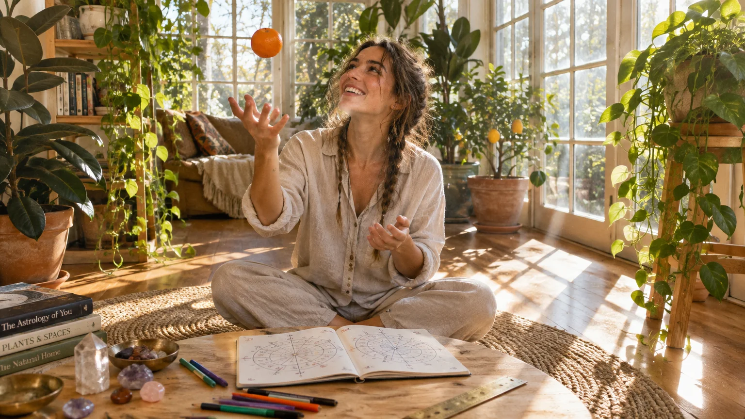 Smiling woman sitting cross-legged tosses an orange above an open astrology chart on a table in a sunlit plant room.