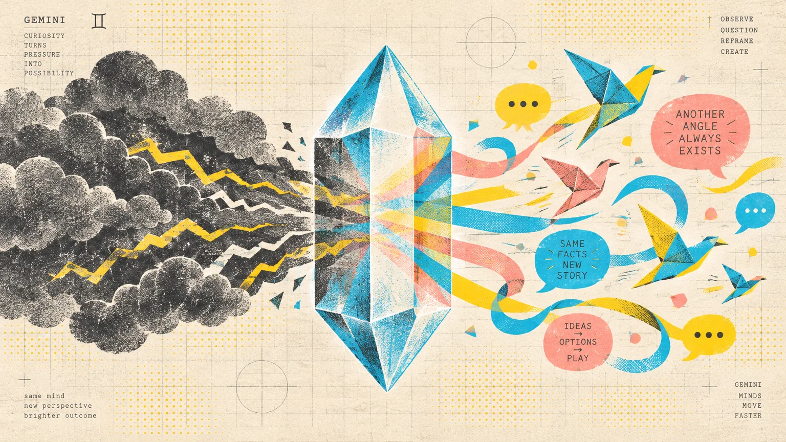 Illustration of a prism turning dark storm clouds into colorful ribbons, origami birds, and speech bubbles.