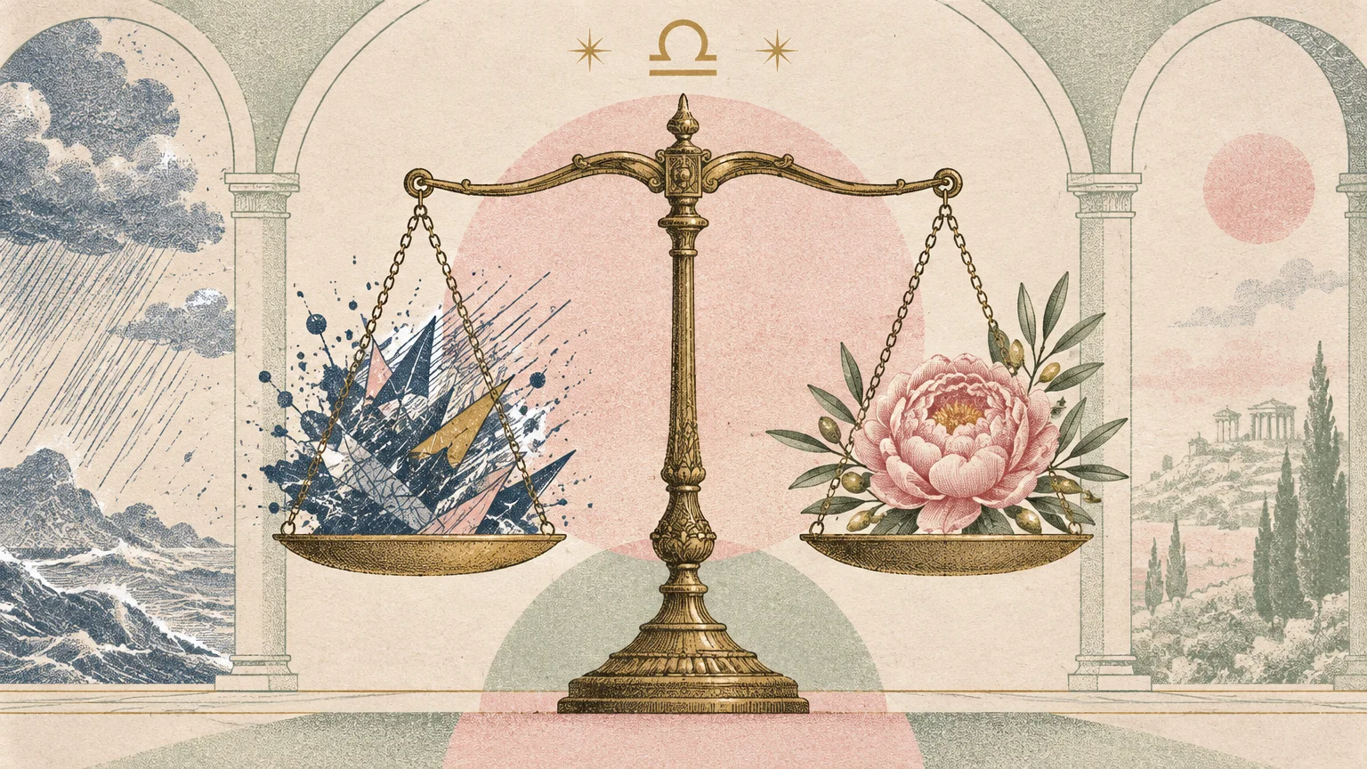 Brass scales balancing sharp geometric splatters against a pink flower and olive leaves beneath the Libra zodiac sign.