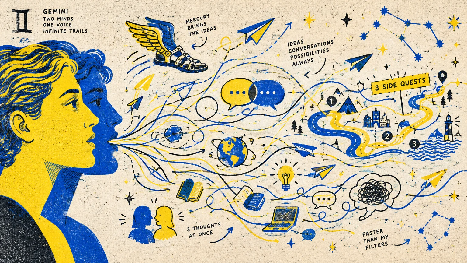 Blue and yellow Gemini twin illustration with chaotic thought streams, winged sandals, and icons mapping out spoken ideas.