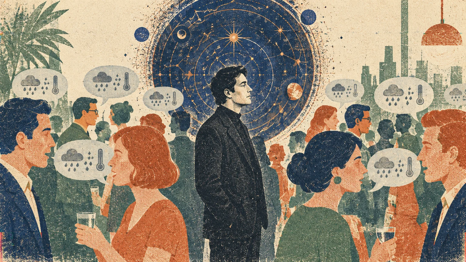 Illustration of people at a party talking about weather, while a man in black stands before a celestial star chart.