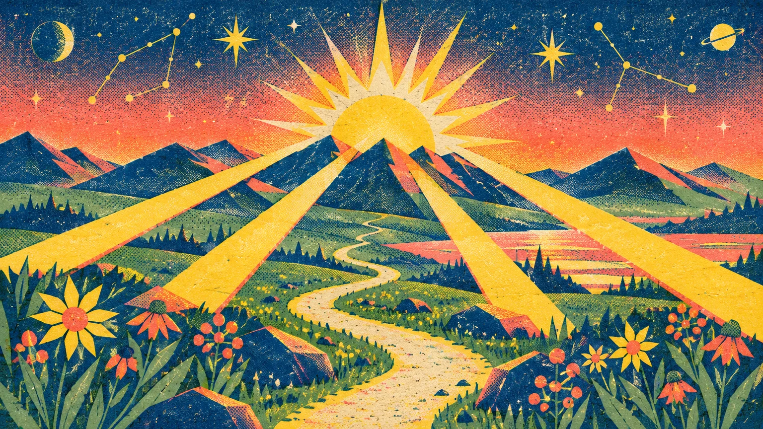Retro illustration of a sun rising over mountains, beaming rays onto a winding path lined with wildflowers and stars above.