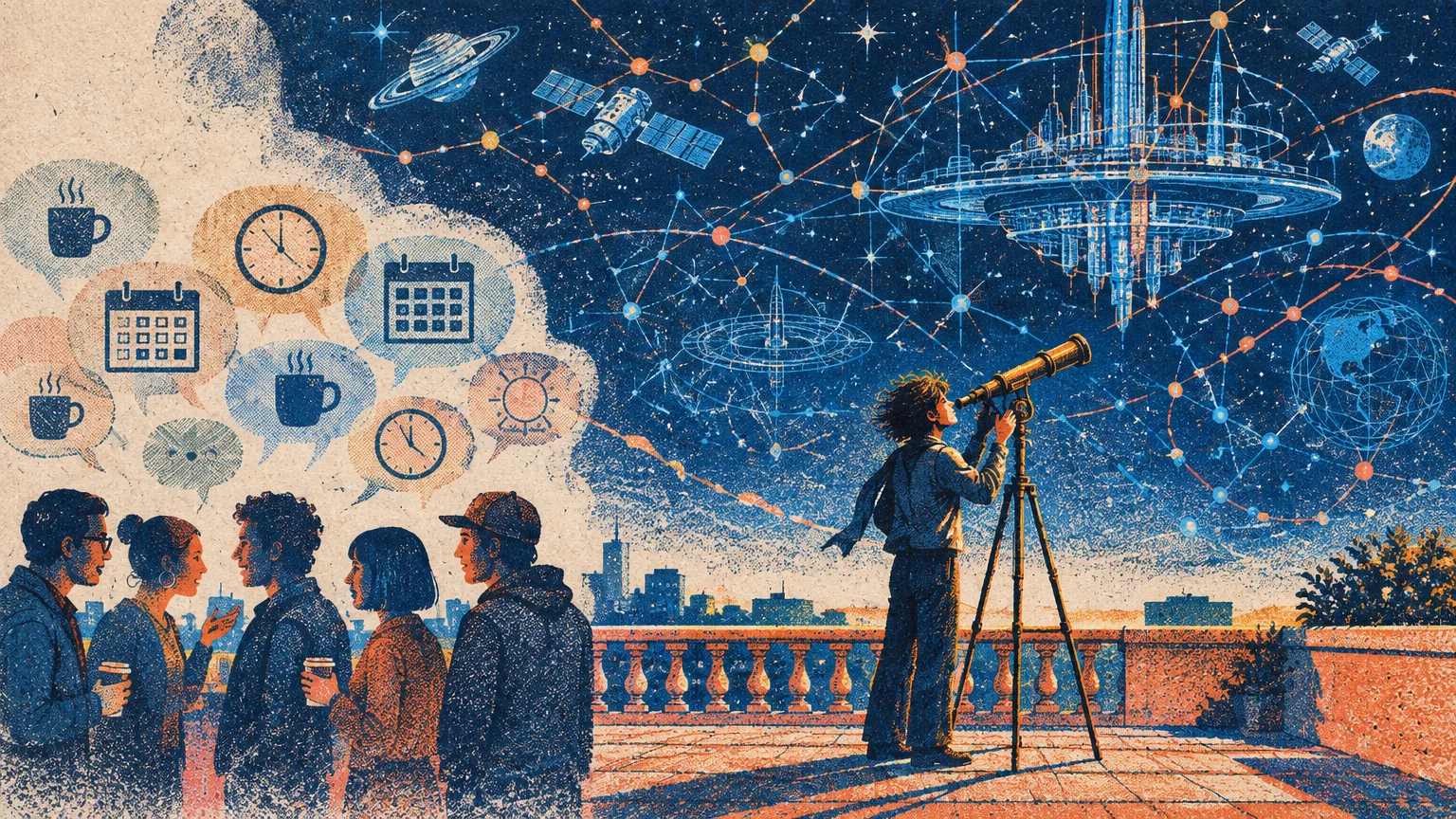 Illustration of people chatting on a terrace while one person gazes through a telescope at a futuristic city in space.