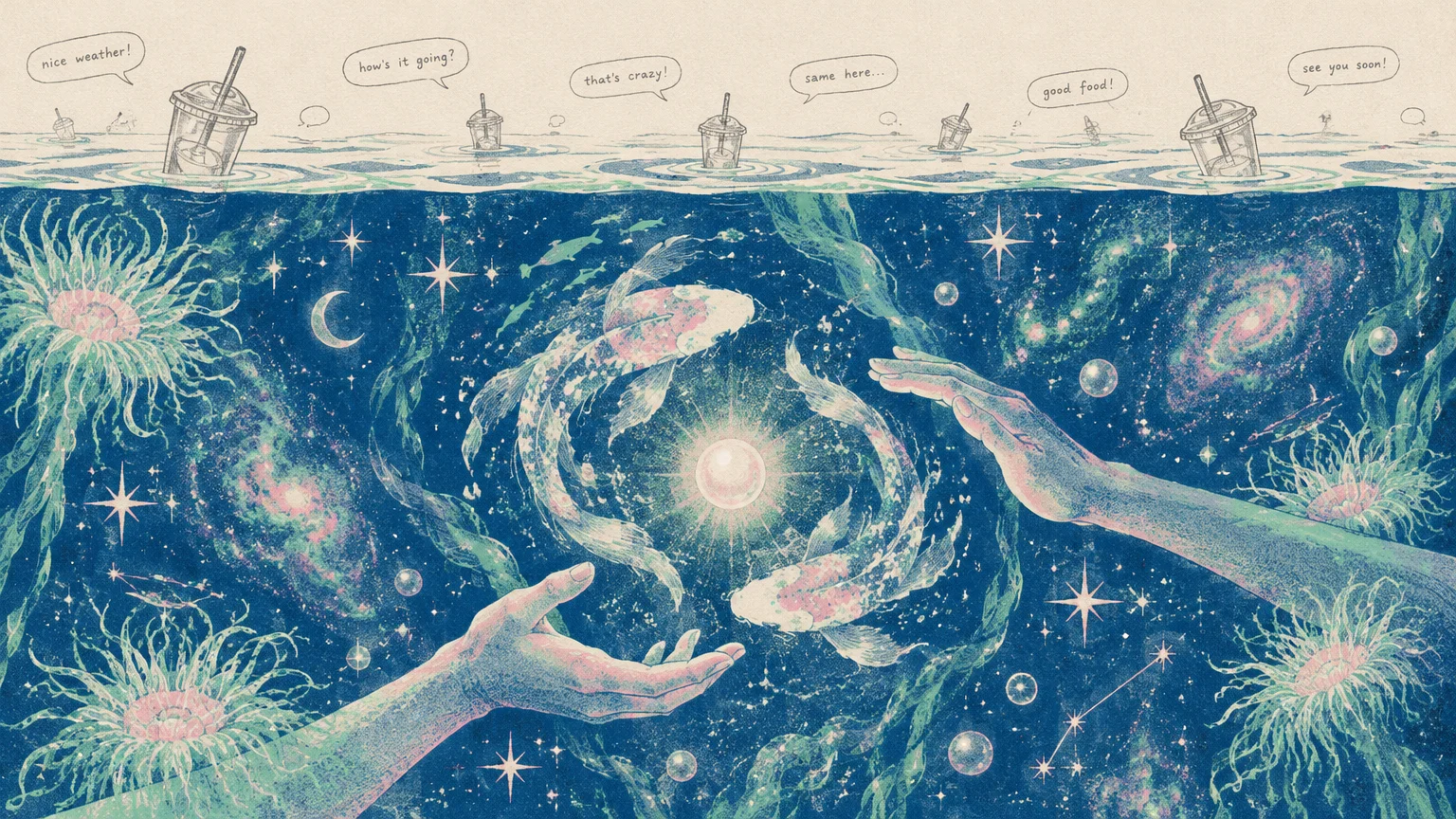 Illustration of two hands and koi fish circling a glowing pearl underwater beneath floating cups with small talk bubbles.