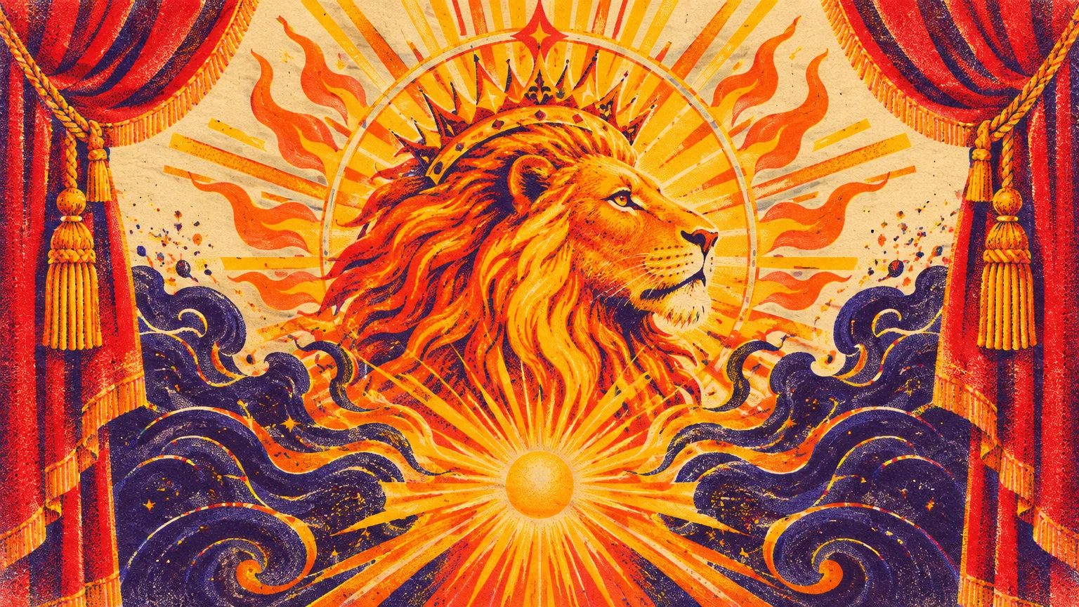 Illustration of a crowned lion head surrounded by radiating sunbeams, flames, swirling dark clouds, and red stage curtains.
