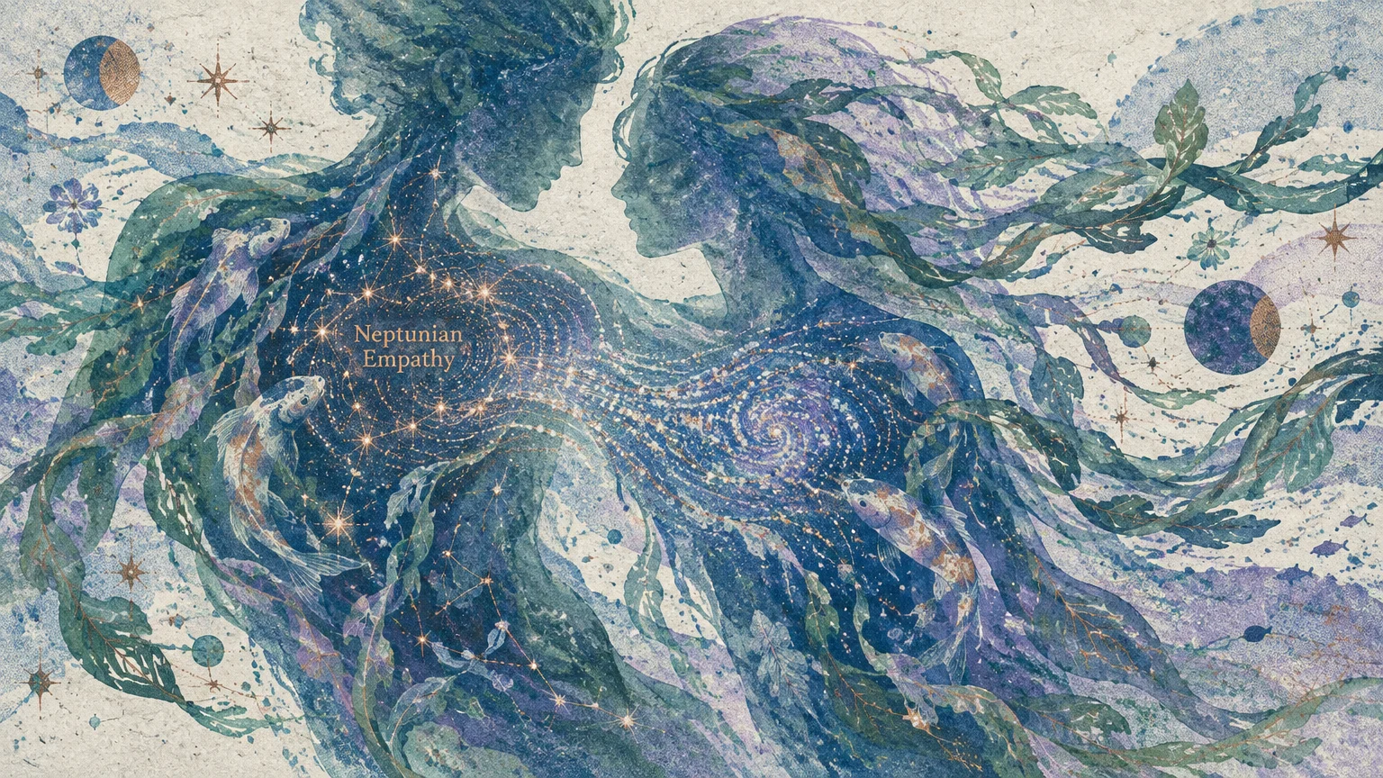 Watercolor illustration of two celestial figures made of ocean waves, stars, and fish, merging together with cosmic energy.