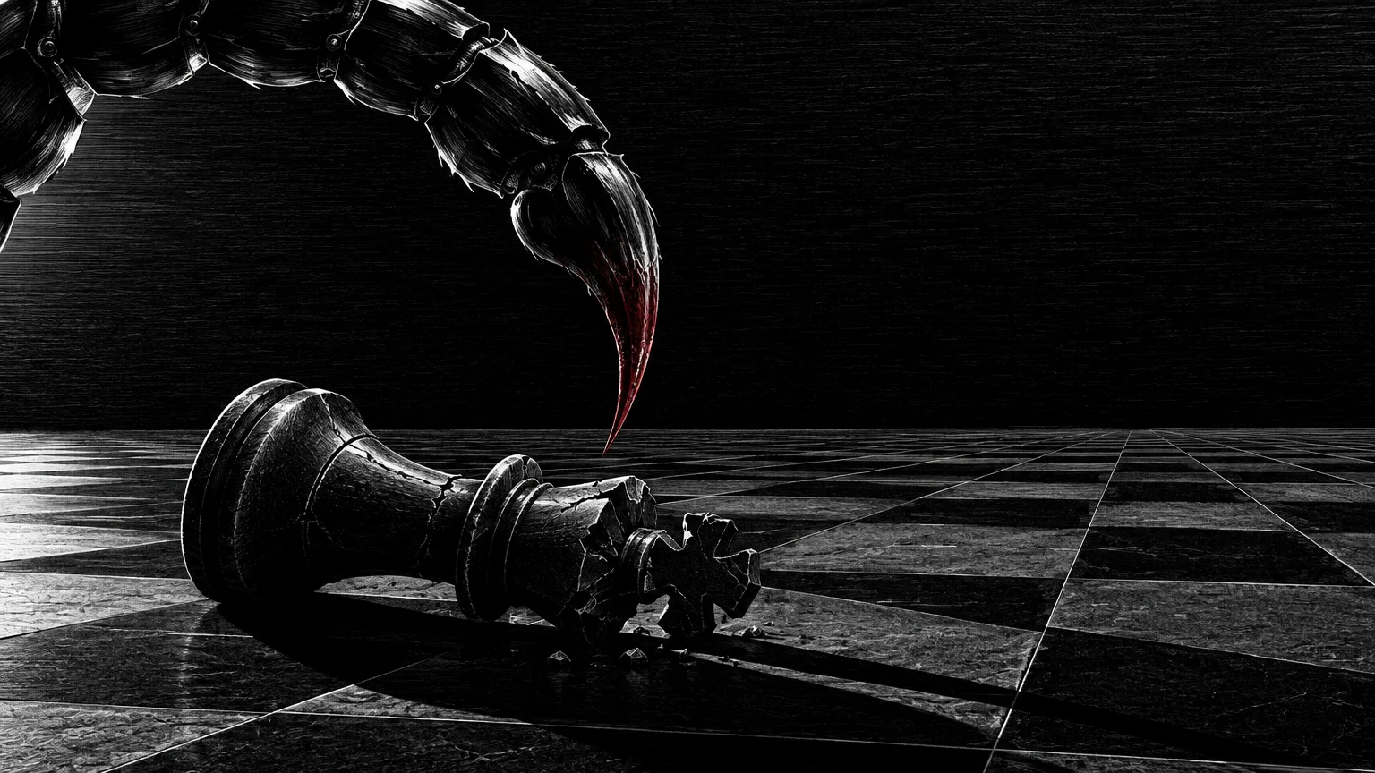 A black and white illustration of a blood-tipped scorpion stinger poised over a cracked, fallen chess king.