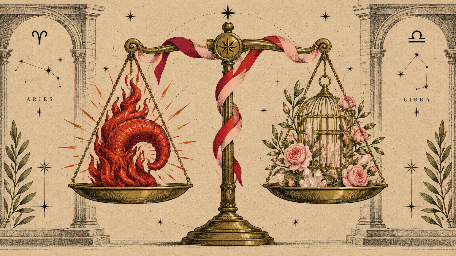 Illustration of balanced scales holding a fiery ram horn on the left and a floral birdcage with crystals on the right.