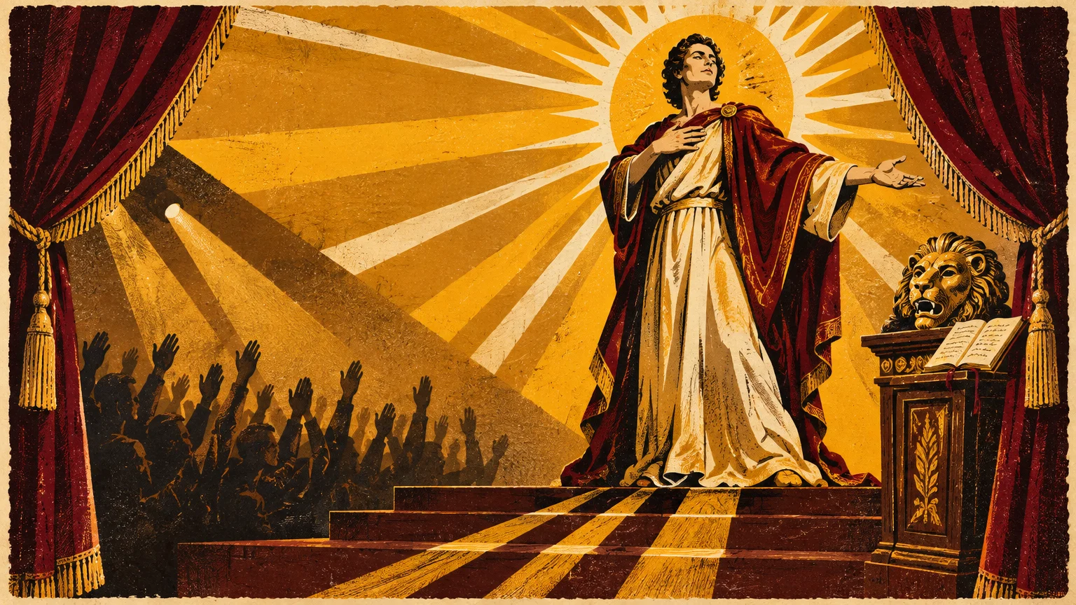 Illustration of an actor in classical robes on a stage, framed by red curtains, gesturing toward an applauding audience.