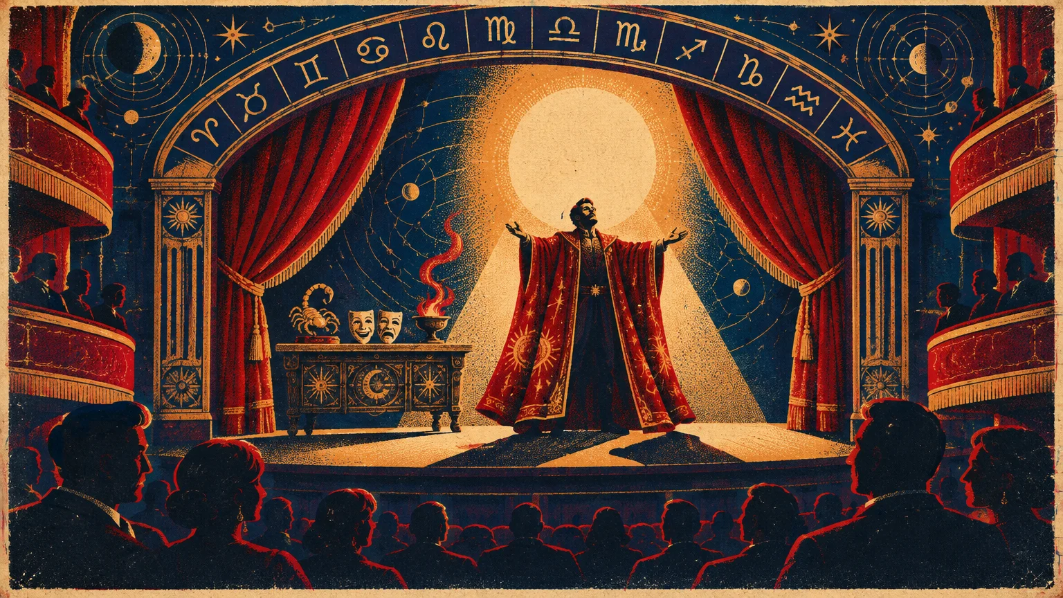 Illustration of a robed figure on an ornate theater stage framed by zodiac symbols, performing for a seated audience.
