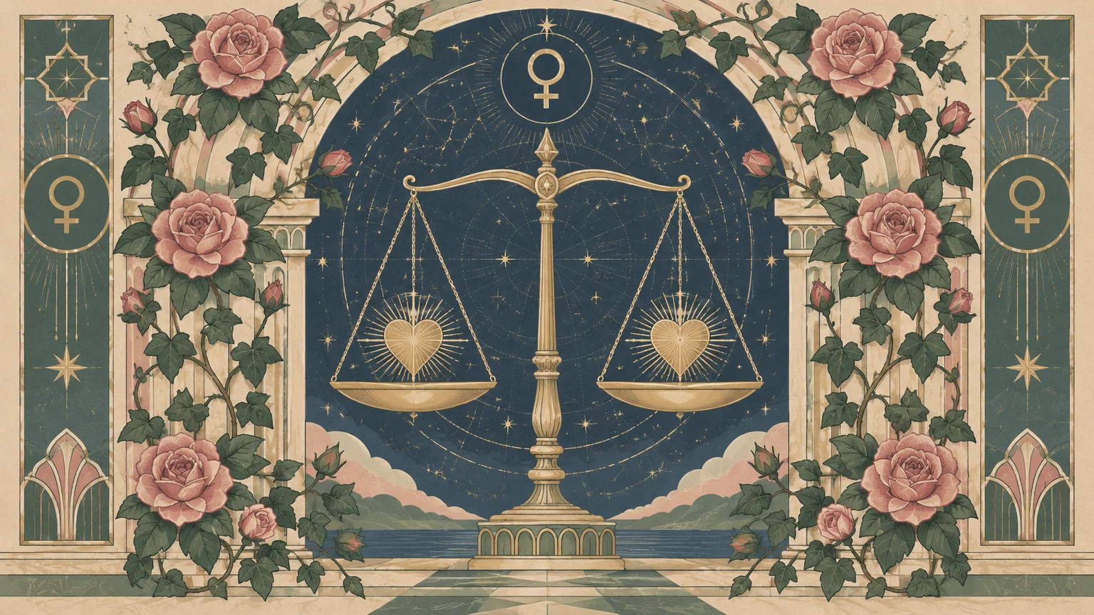 Golden balance scales holding glowing hearts framed by blooming pink roses, archways, and astrological Venus symbols.