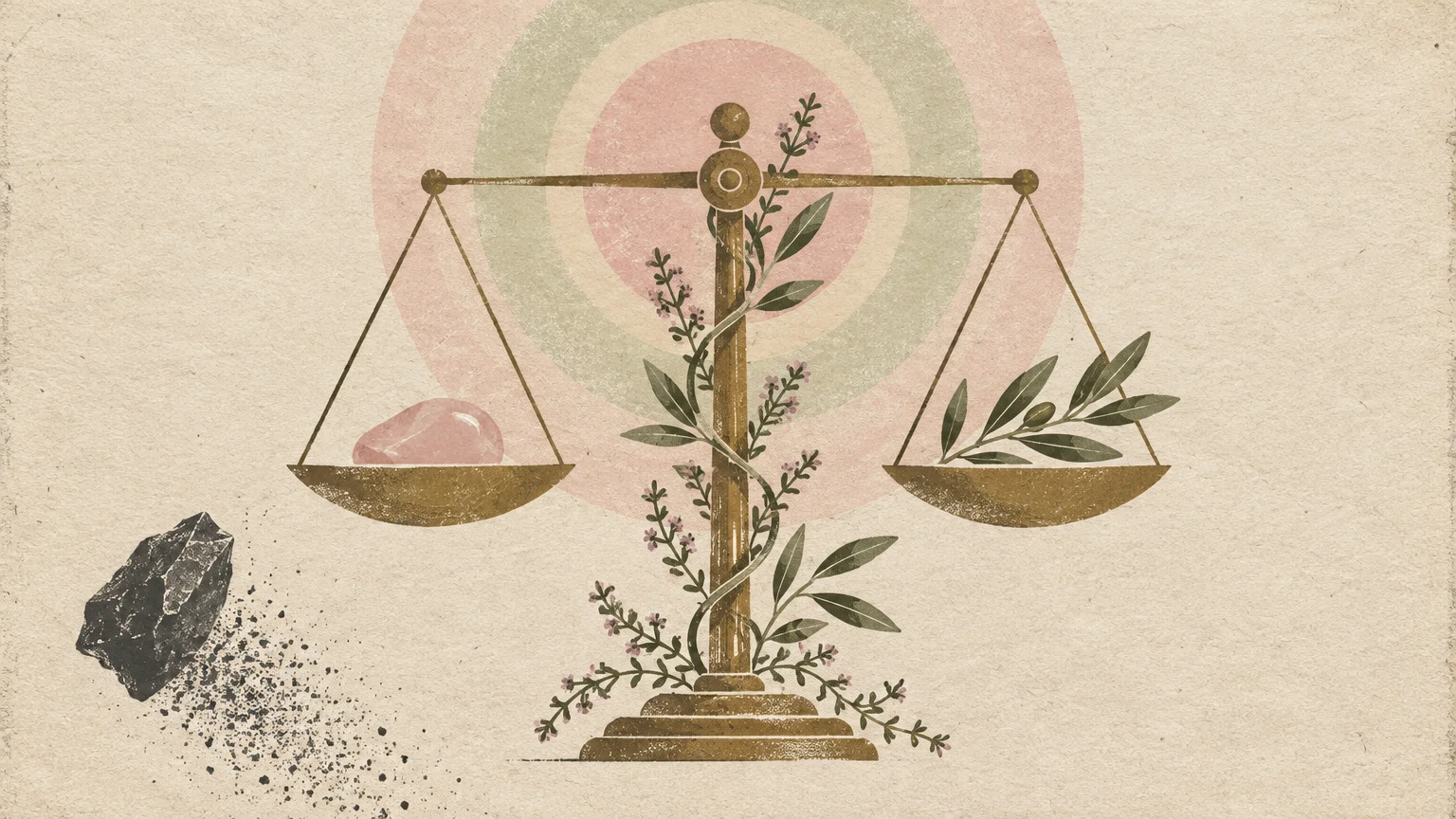 Illustration of balanced scales entwined with vines, holding a pink stone and an olive branch against concentric circles.
