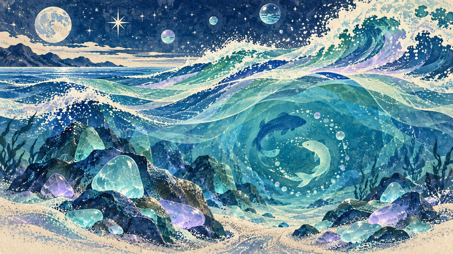 Screenprint illustration of two fish circling beneath ocean waves, with glowing rocks on the seabed and a starry night sky.