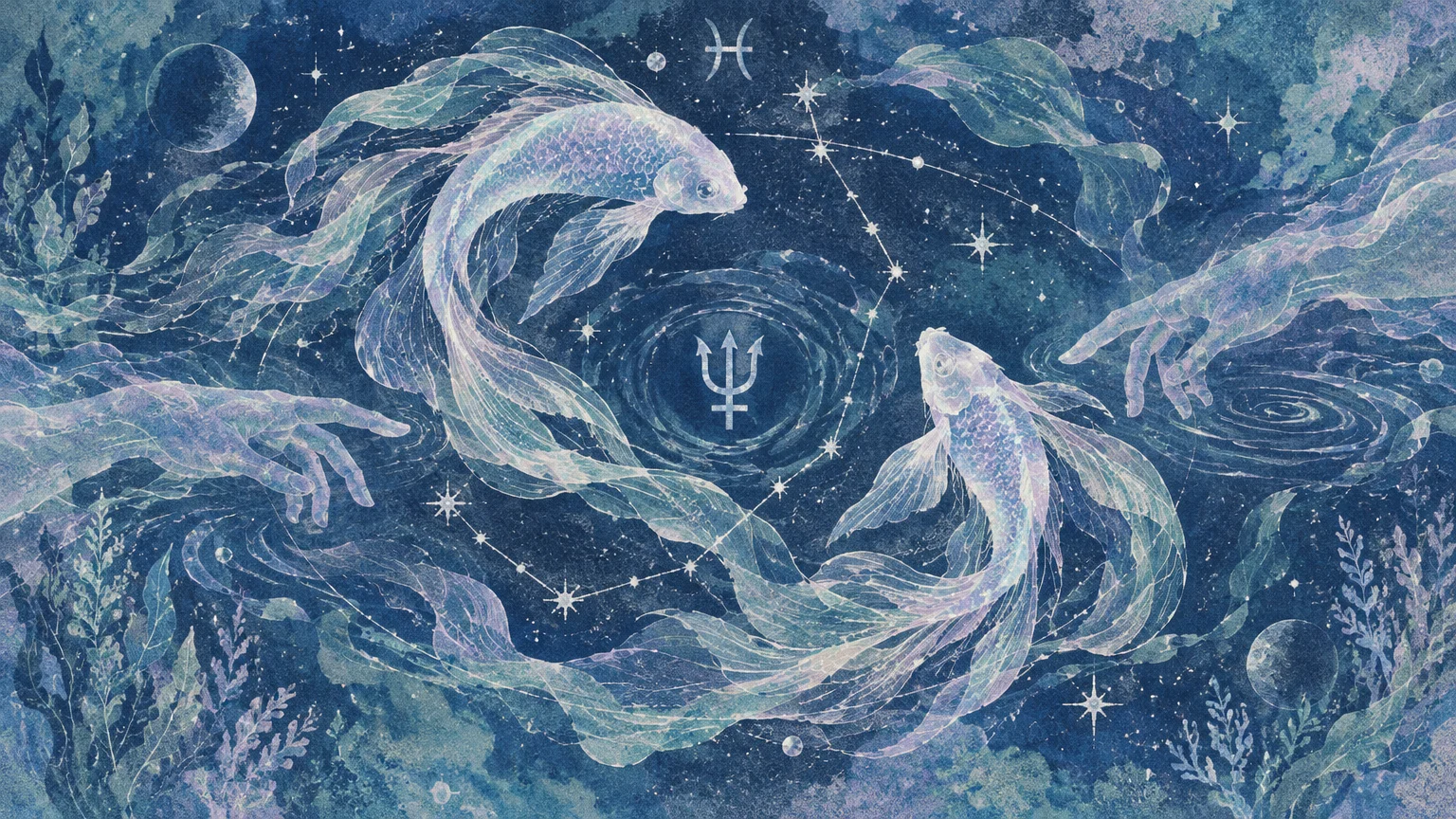 Celestial illustration of two ethereal koi fish swimming in a circle with constellations and Neptune's trident symbol.