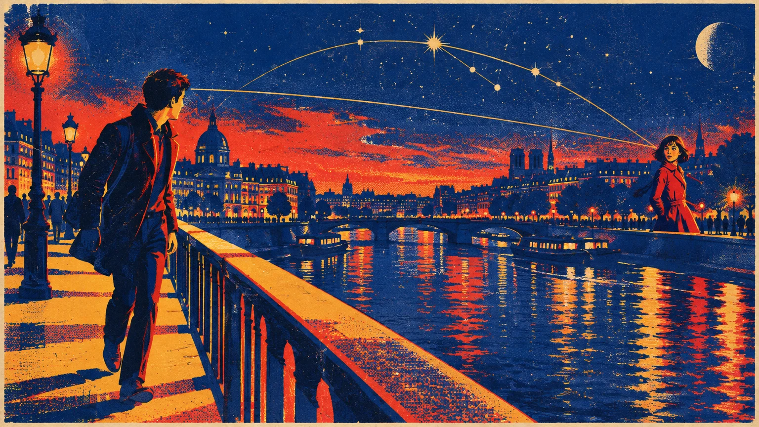 Screenprint illustration of a man and woman making eye contact across a river in a Parisian cityscape at twilight.