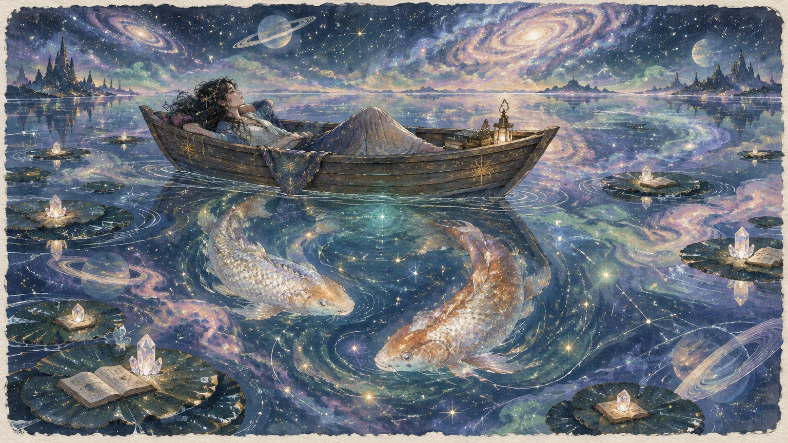 Woman resting in a wooden boat on starry water above two giant koi fish, surrounded by floating lilies and galaxies.