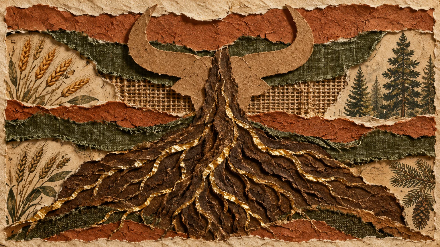 Mixed-media collage of a horned bull silhouette with deep tree-like roots, textured burlap, torn paper, wheat, and pine trees.