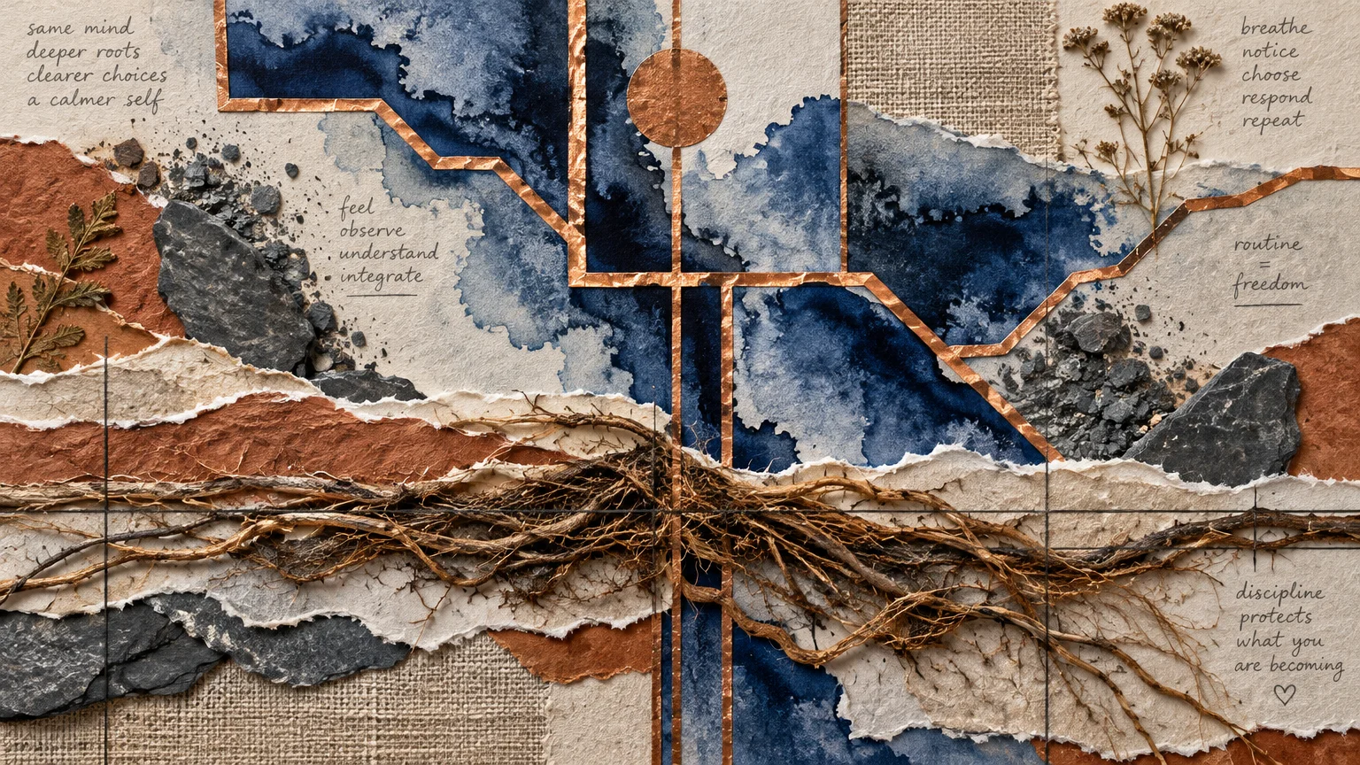 Mixed media collage with torn paper, blue watercolor stains, copper tape outlines, plant roots, and handwritten phrases.