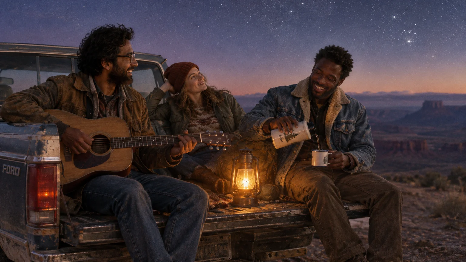 Three friends sit on a pickup truck tailgate at dusk under a starry sky with a guitar and lantern.