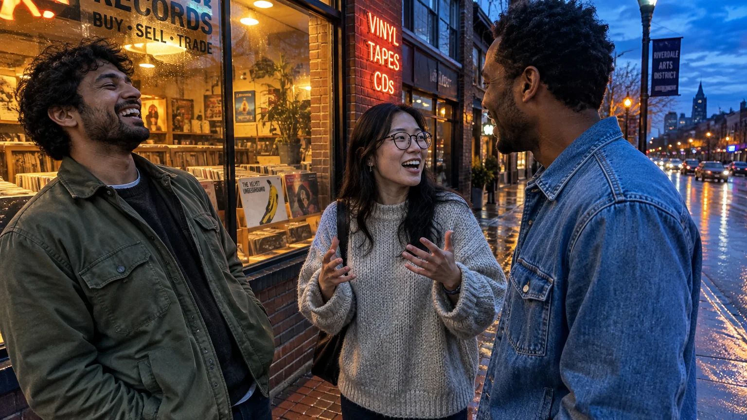 Three people laughing and chatting animatedly on a wet city sidewalk outside a record store in the evening.