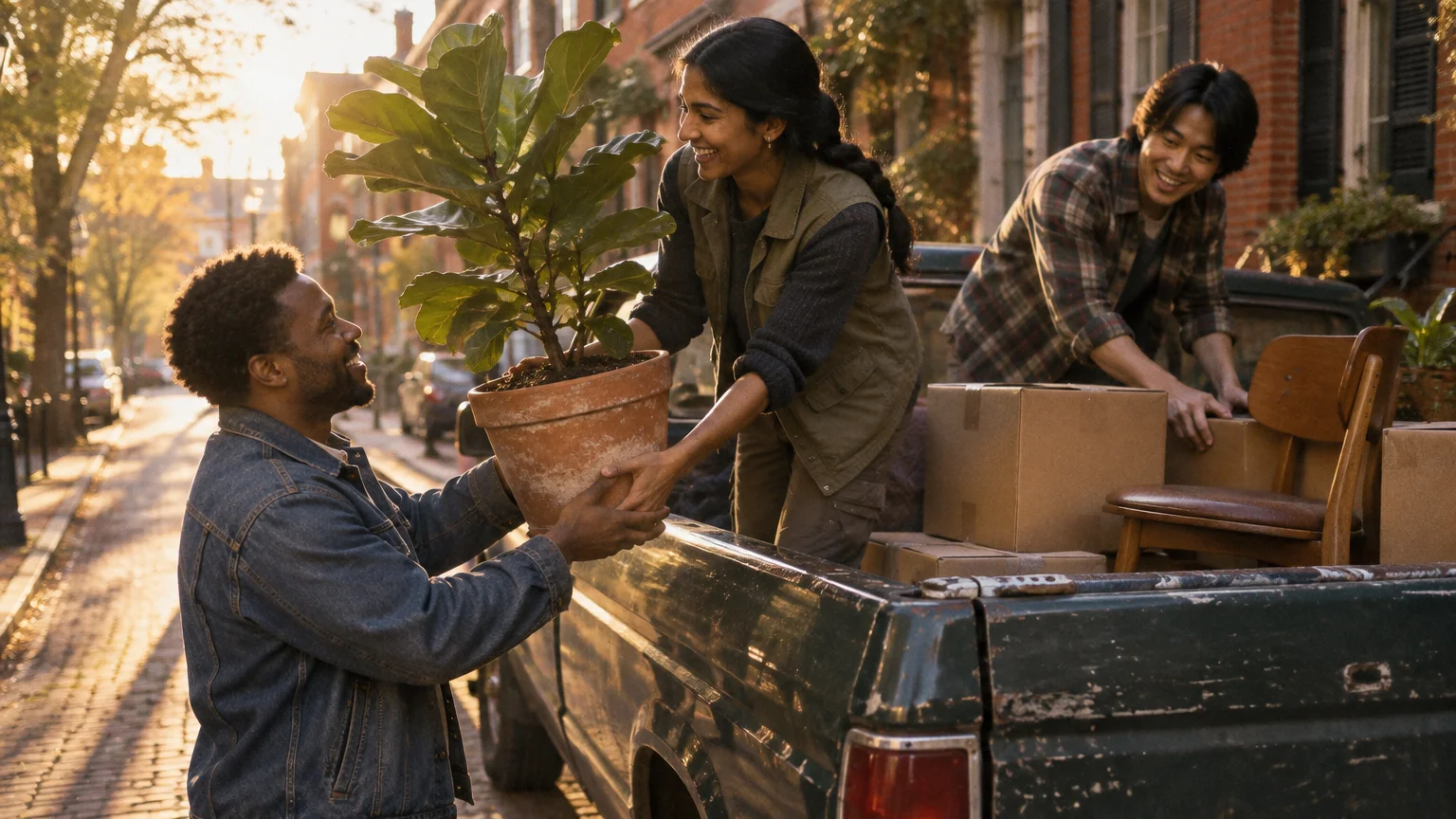 Three smiling friends unload potted plants, boxes, and a chair from the bed of a pickup truck on a city street.