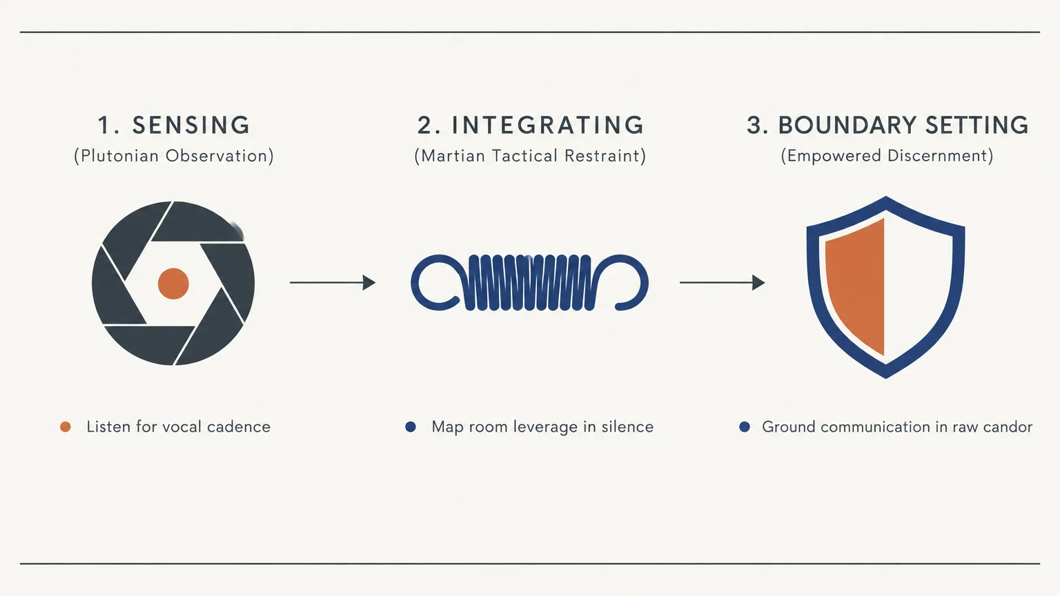 Three-step diagram with icons for sensing, integrating, and boundary setting labeled with observation and restraint tips.
