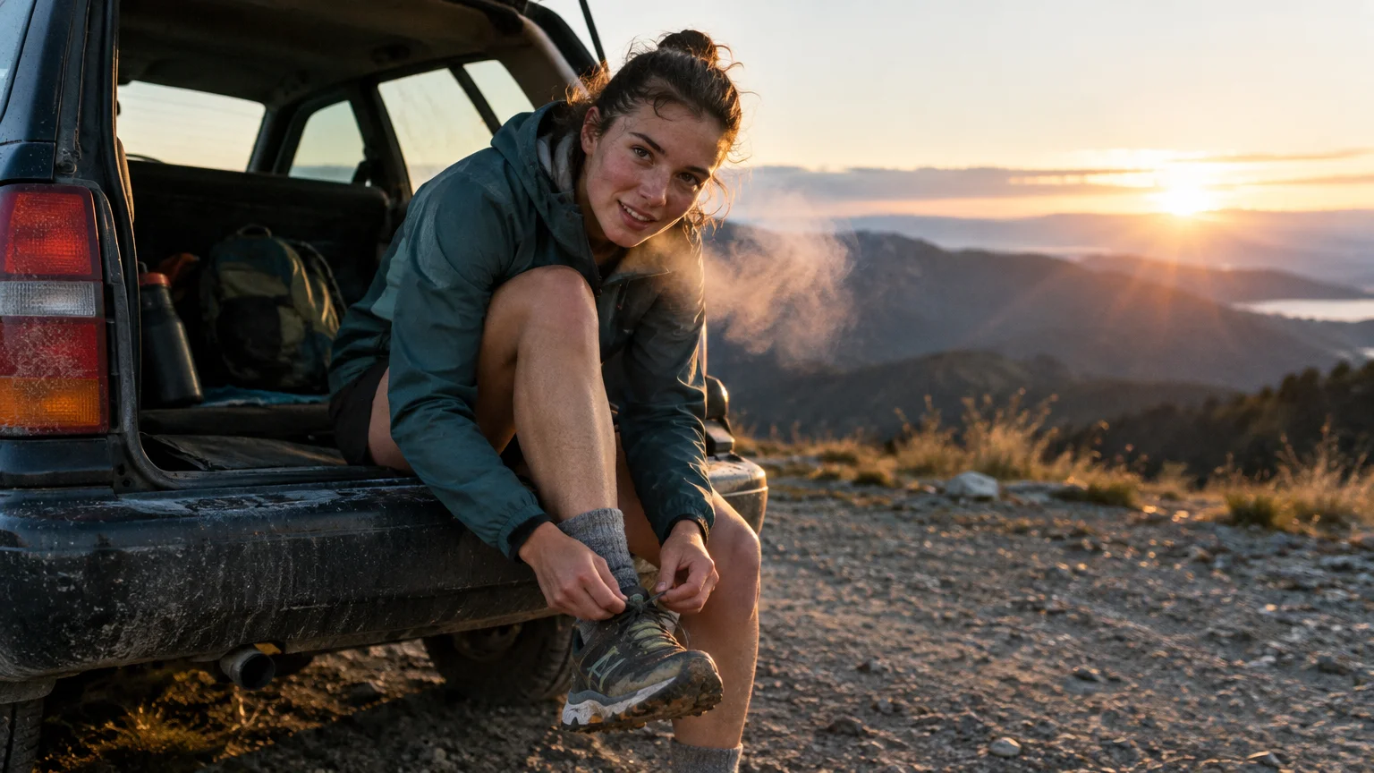 A smiling woman tying her trail shoe while sitting on the open trunk of an SUV overlooking mountains at sunrise.