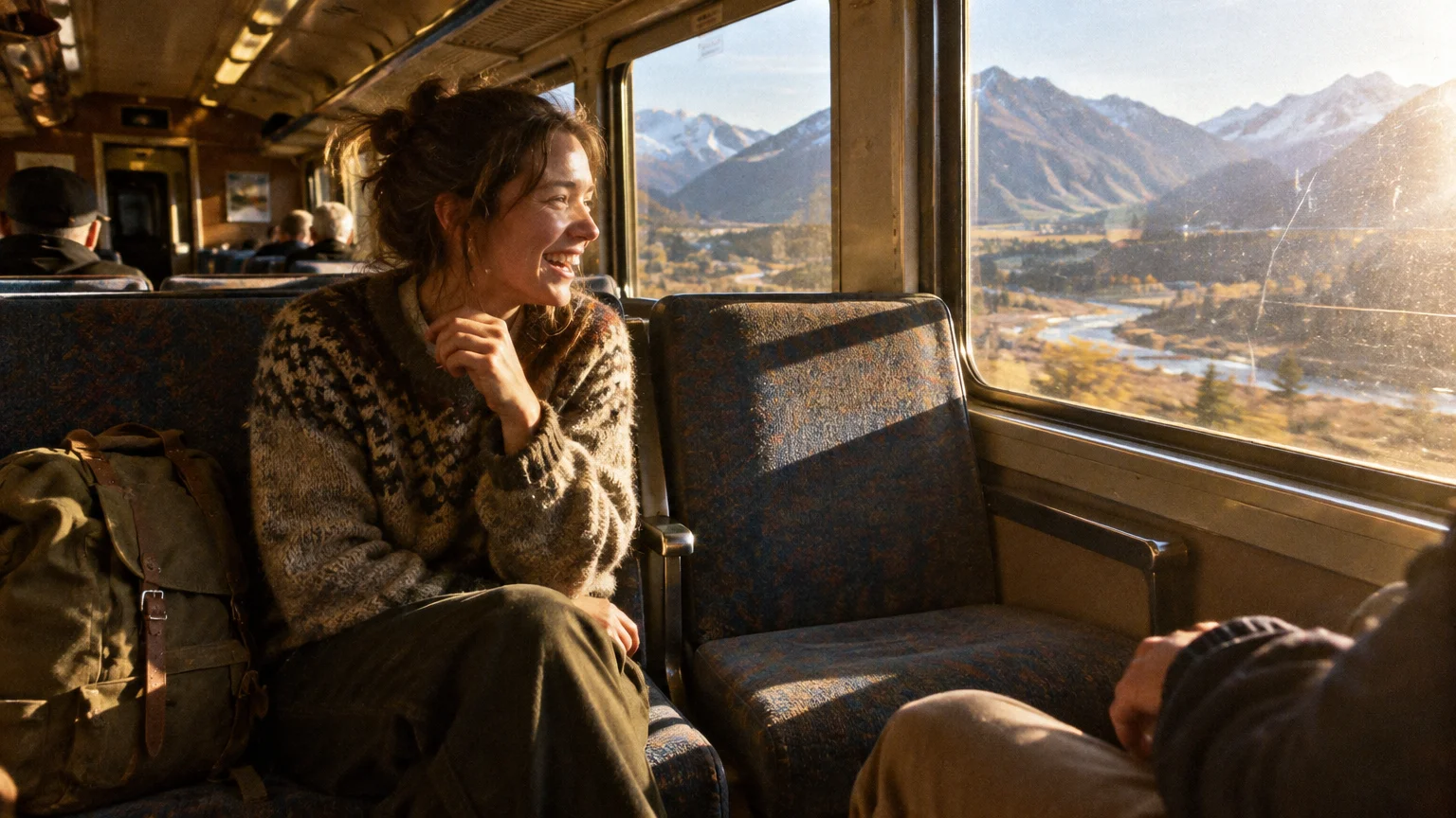 Smiling woman in a patterned sweater sits on a sunny train looking across at a companion by mountain scenery.