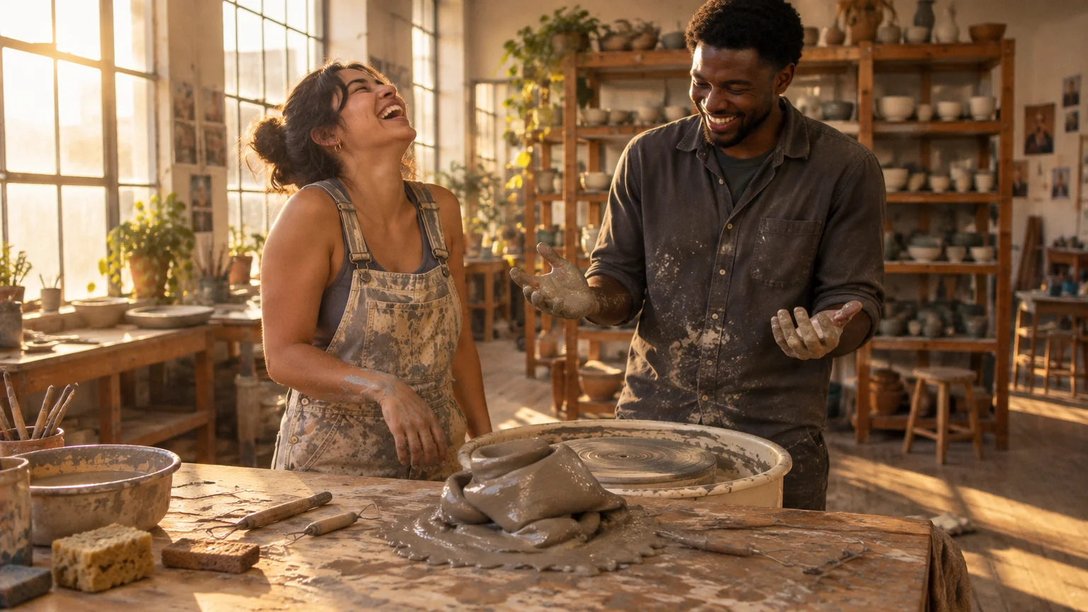 A man and woman laughing together in a pottery studio in front of a collapsed clay piece on a pottery wheel.